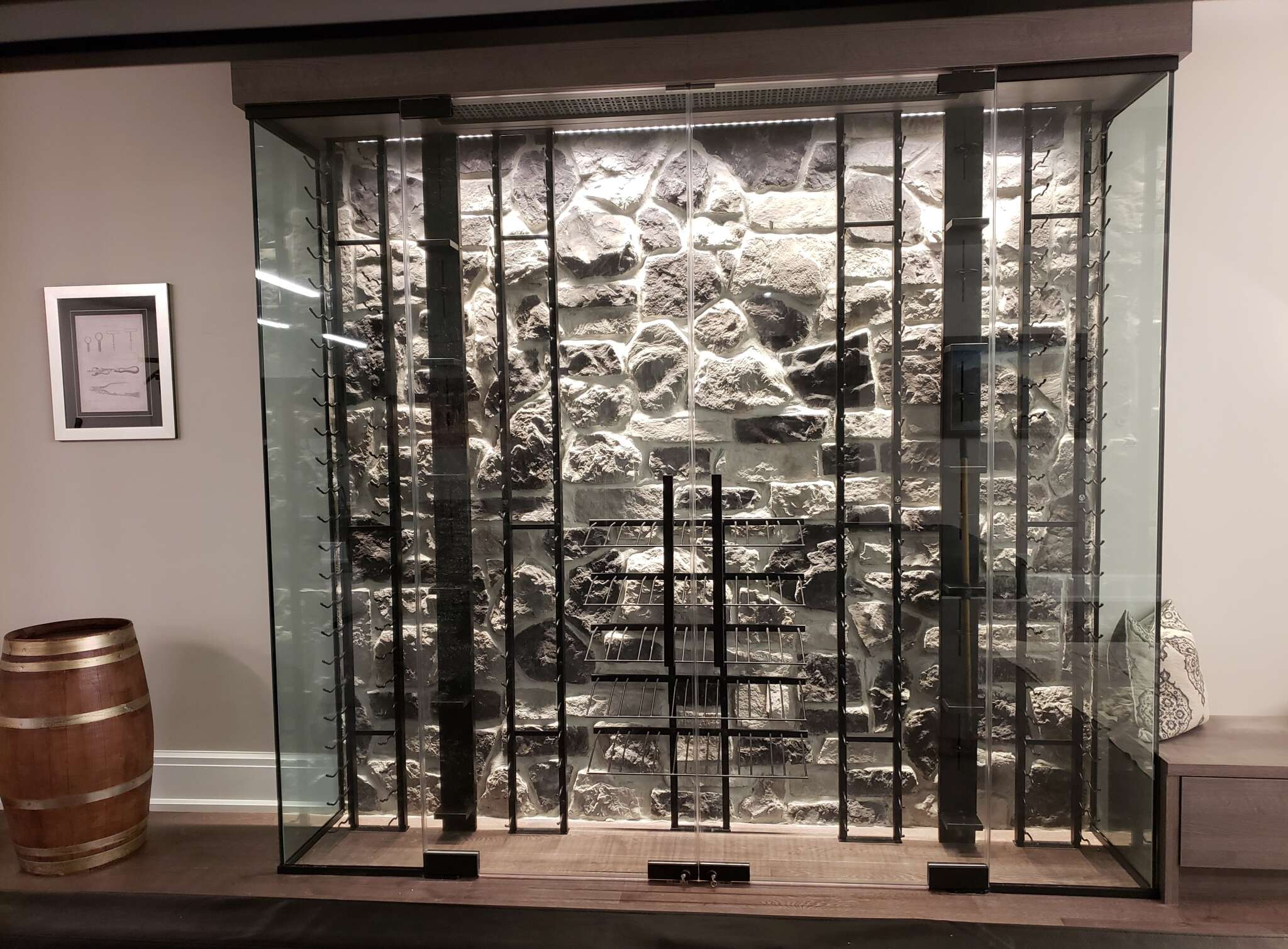 Rec-room temperature controlled wine cellar display.